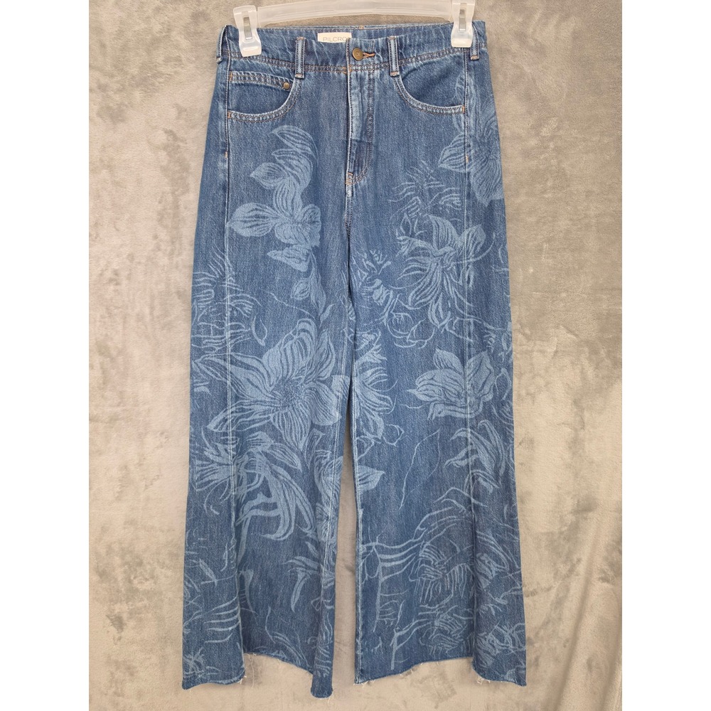 Pilcro Floral Laser Etched Wide Leg Jeans Blue Denim Raw Hem 27